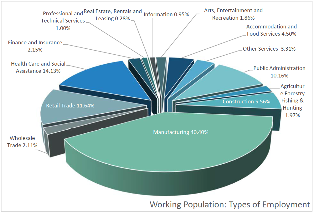 Working Population: Types of Employment | Construction 5.56%, Manufacturing 40.40%, Wholesale Trade 2.11%, Retail Trade 11.64%, Health Care and Social Assistance 14.13% Finance and Insurance 2.15%, Professional and Technical Services 1.00%, Real Estate, Rentals, and Leasing 0.28%, Information 0.95%, Arts, Entertainment and Recreation 1.86%, Accommodation and Food Services 4.50%, Other Services 3.31%, Public Administration 10.16%, Agriculture Forestry Fishing & Hunting 1.97%