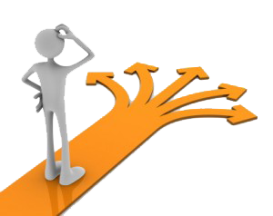 Grey figure on an orange arrow with 5 directions trying to decide which path to take. .